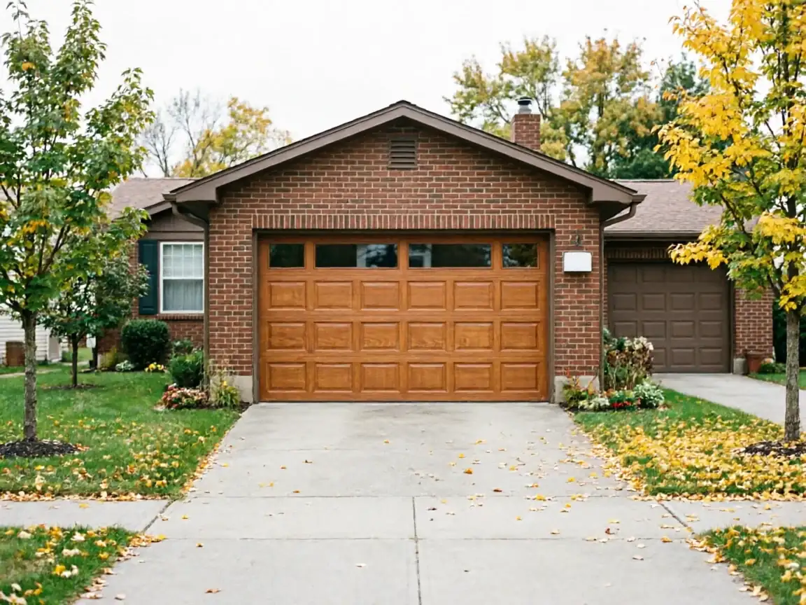 The brick house has two garage doors, one light brown and one dark brown.