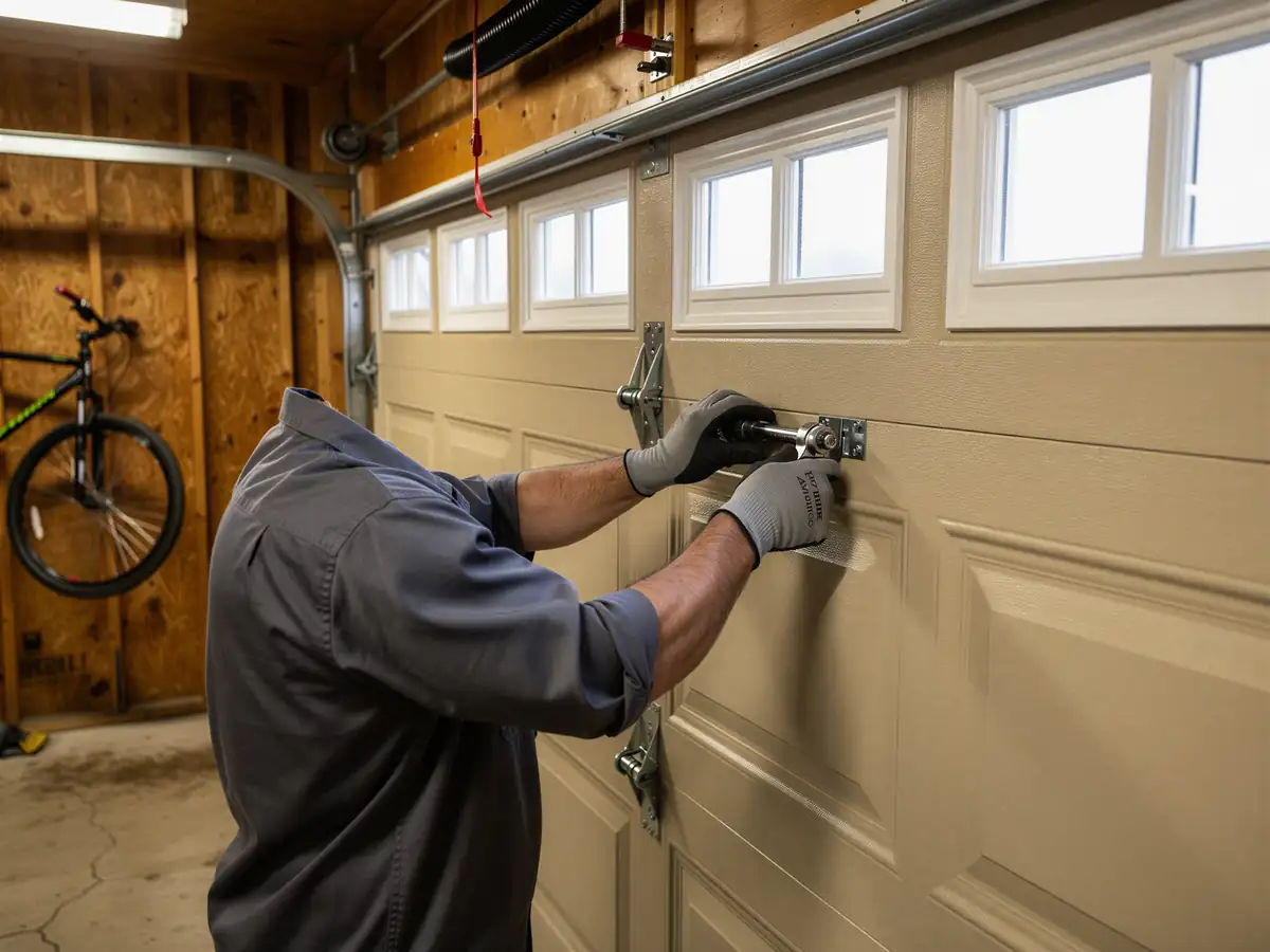 A technician adjusts a tan garage door with windows.