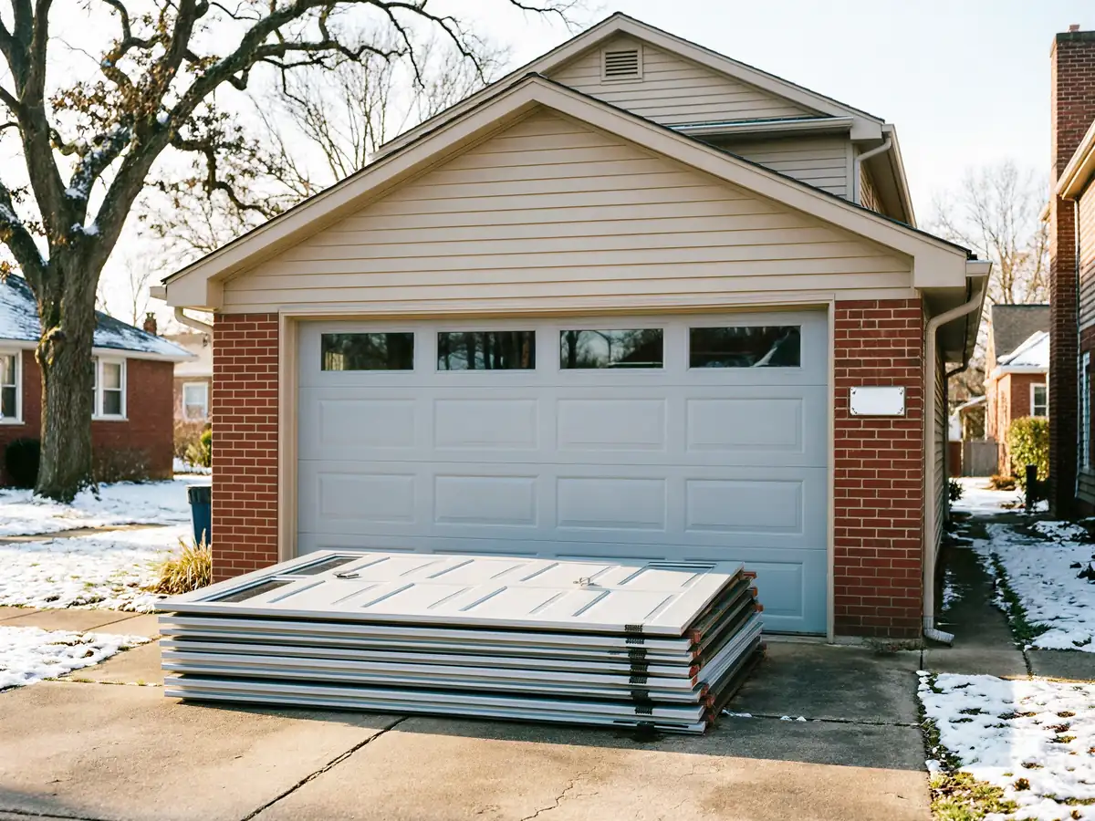 A stack of new garage door panels sits in front of a house with a garage.