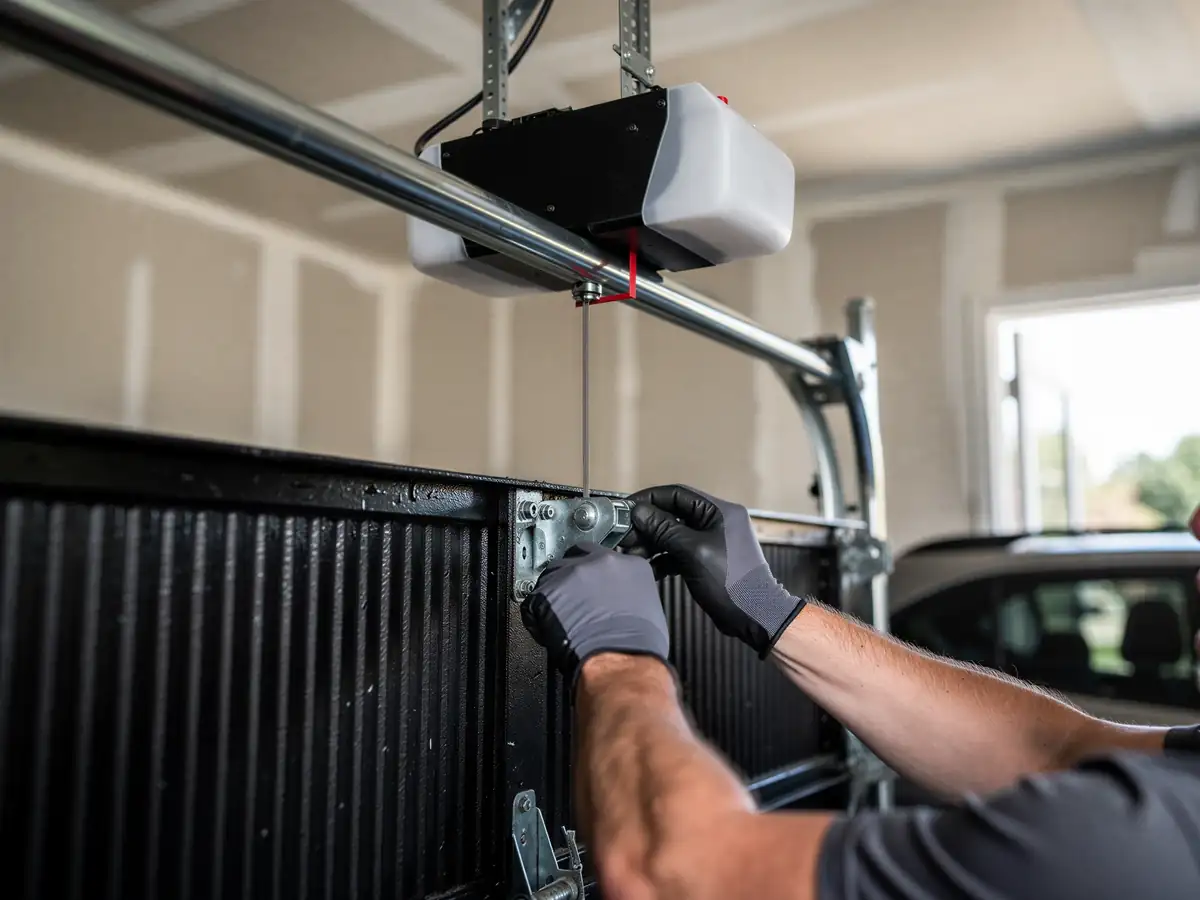 A technician in gloves works on a garage door opener and track.