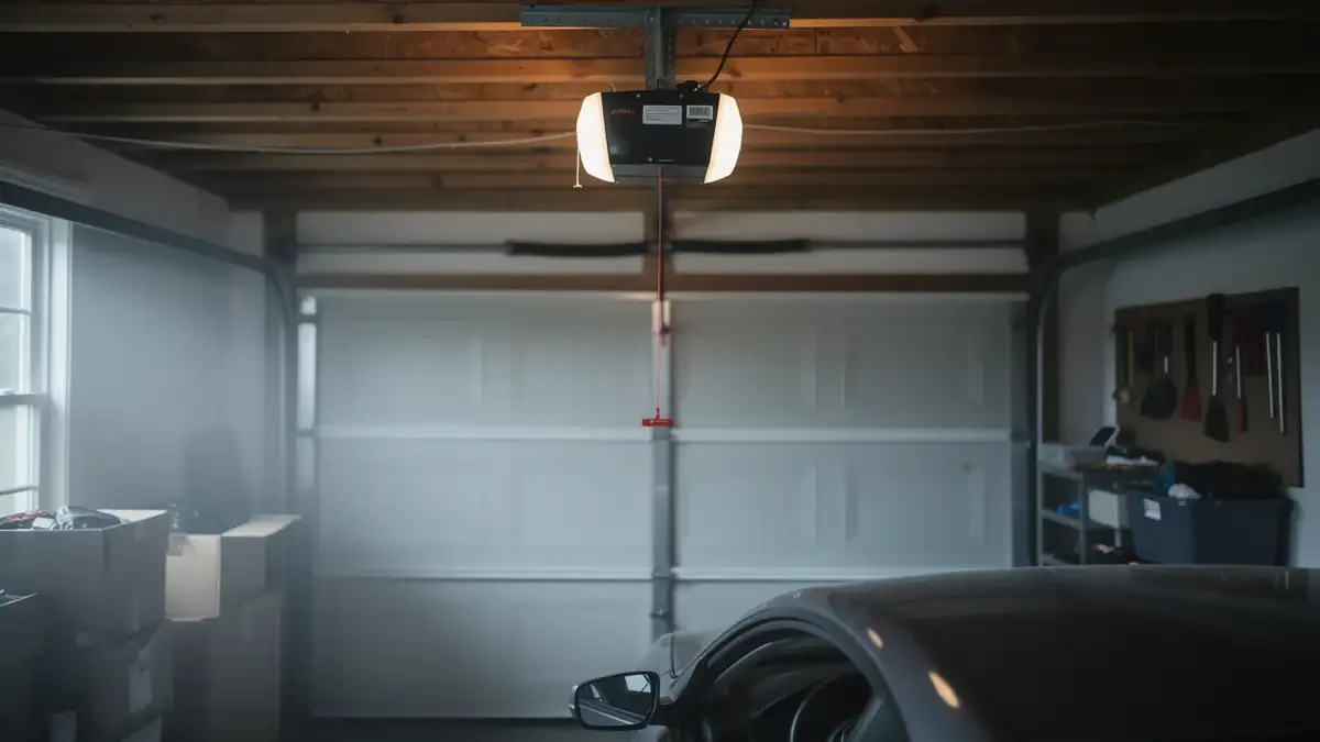 The garage door opener hangs above two white garage doors, with a car in the foreground.